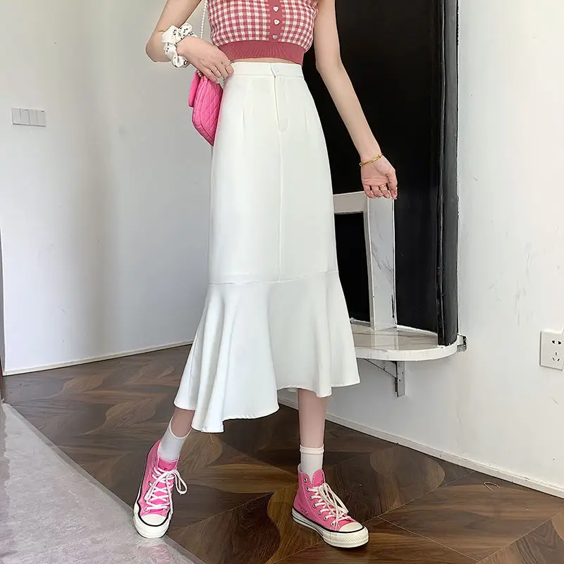 2025 New Summer Ruffled Formal Skirts Women Fashion Elegant High Waist Black White Long Mermaid Skirt Female