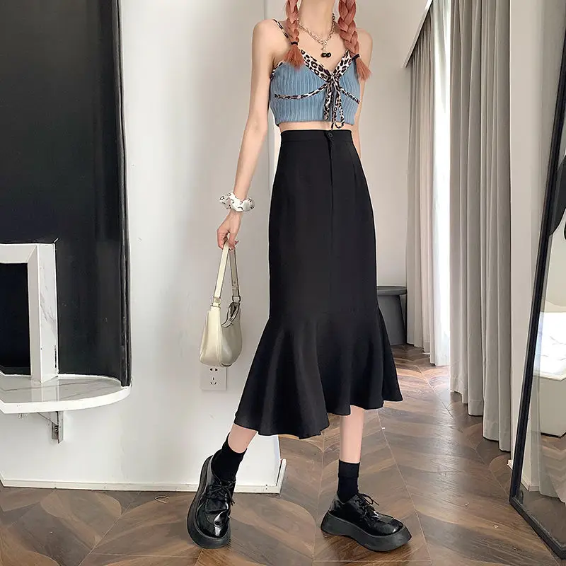 2025 New Summer Ruffled Formal Skirts Women Fashion Elegant High Waist Black White Long Mermaid Skirt Female