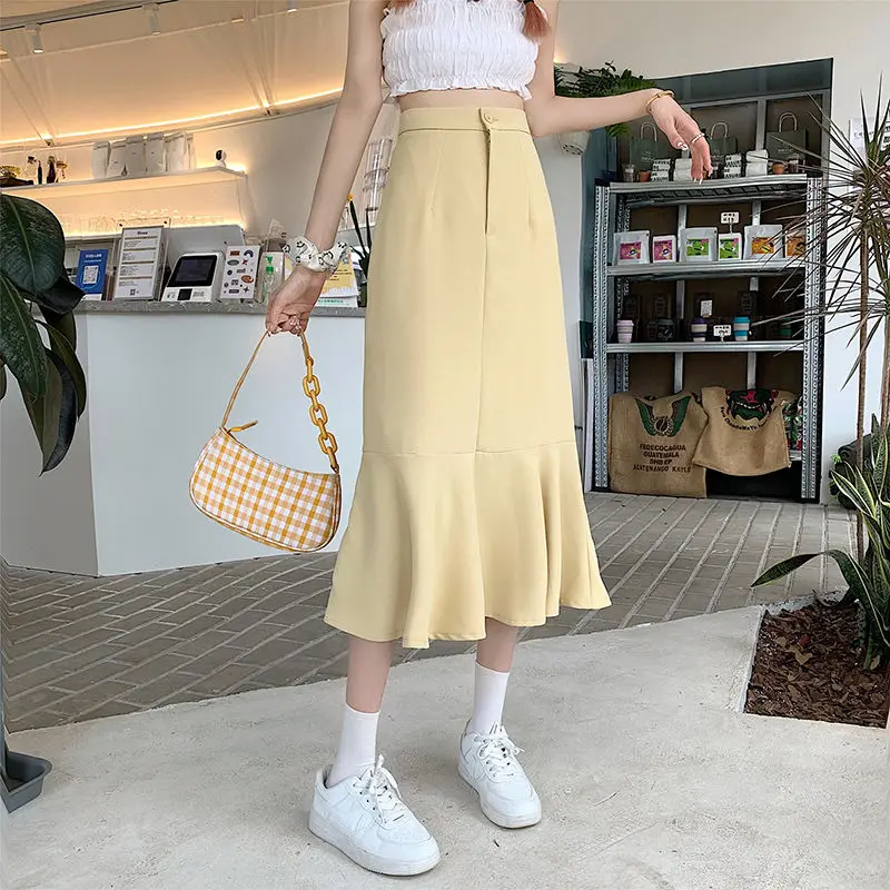 2025 New Summer Ruffled Formal Skirts Women Fashion Elegant High Waist Black White Long Mermaid Skirt Female