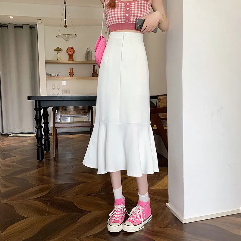 2025 New Summer Ruffled Formal Skirts Women Fashion Elegant High Waist Black White Long Mermaid Skirt Female