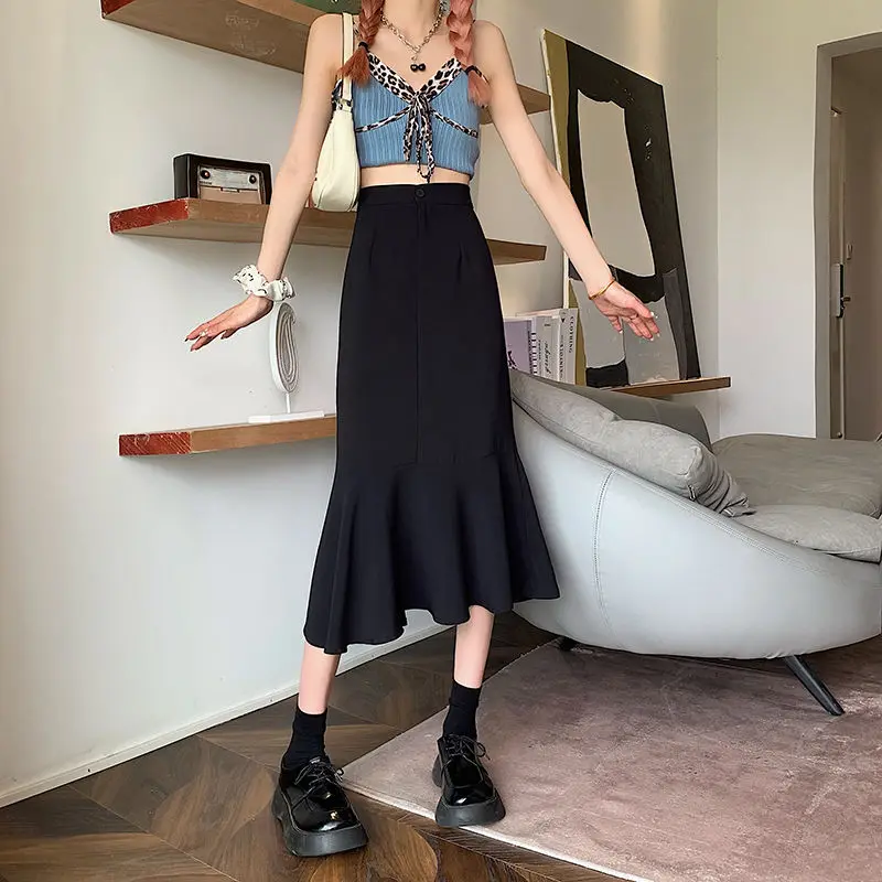 2025 New Summer Ruffled Formal Skirts Women Fashion Elegant High Waist Black White Long Mermaid Skirt Female