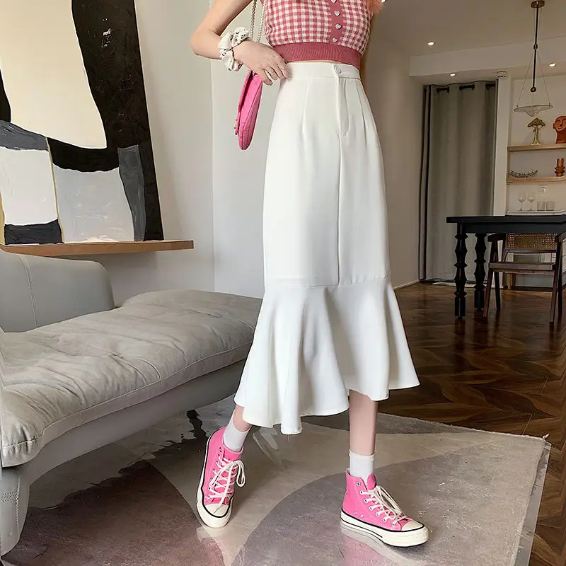 2025 New Summer Ruffled Formal Skirts Women Fashion Elegant High Waist Black White Long Mermaid Skirt Female