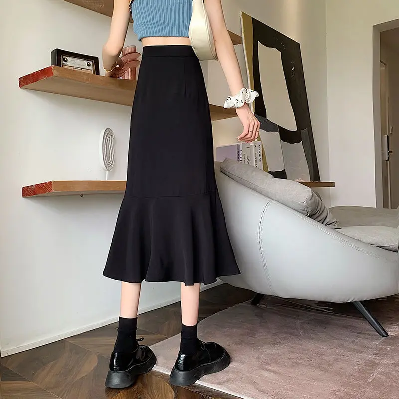 2025 New Summer Ruffled Formal Skirts Women Fashion Elegant High Waist Black White Long Mermaid Skirt Female