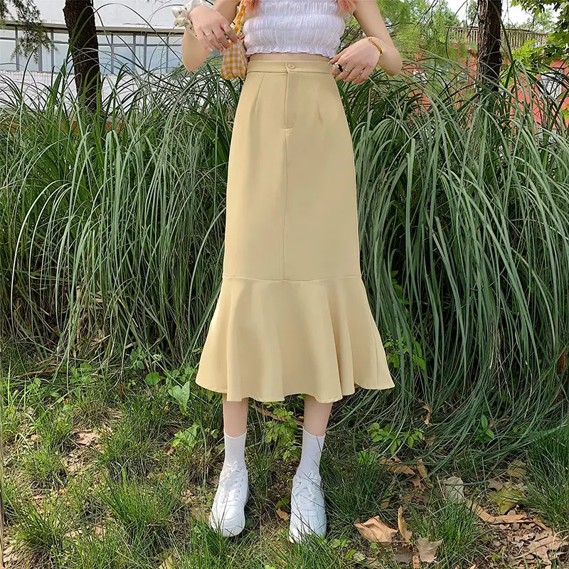 2025 New Summer Ruffled Formal Skirts Women Fashion Elegant High Waist Black White Long Mermaid Skirt Female