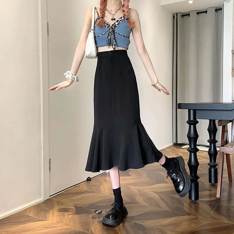 2025 New Summer Ruffled Formal Skirts Women Fashion Elegant High Waist Black White Long Mermaid Skirt Female