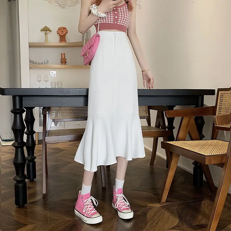 2025 New Summer Ruffled Formal Skirts Women Fashion Elegant High Waist Black White Long Mermaid Skirt Female