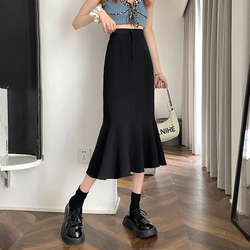 2025 New Summer Ruffled Formal Skirts Women Fashion Elegant High Waist Black White Long Mermaid Skirt Female