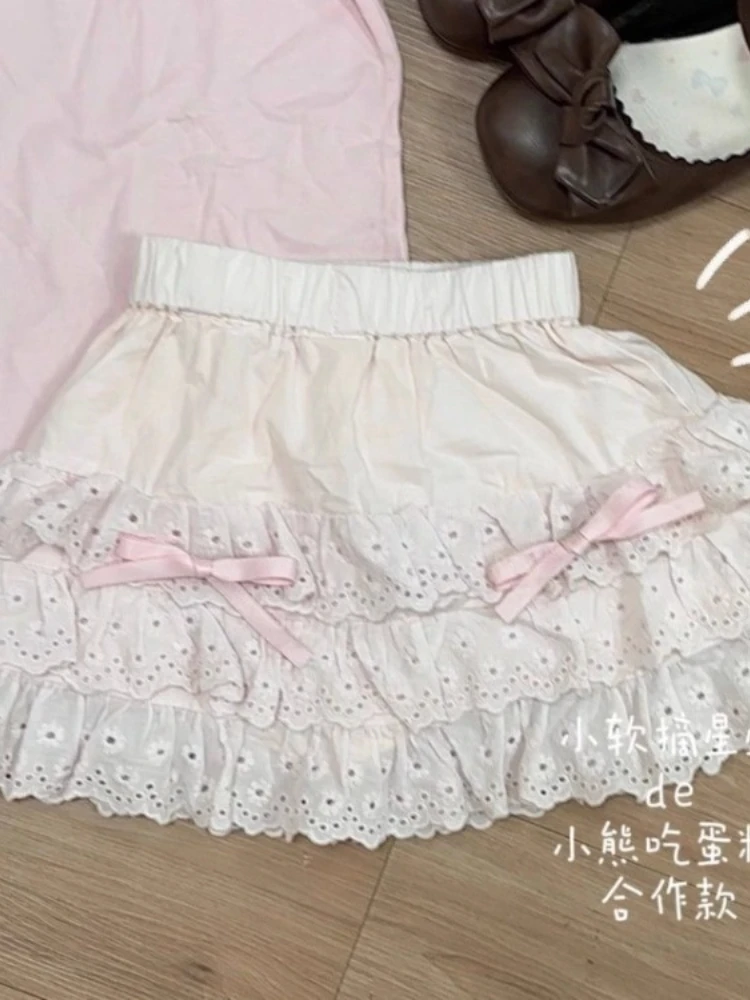 Cute Skirts Women's Clothing Japanese Sweet Jupe High Waist A-line Summer Saia 2025 Faldas Mujer De Moda Lace Bow Mini Skirt
