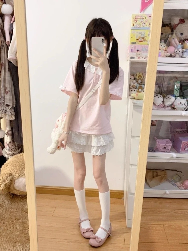 Cute Skirts Women's Clothing Japanese Sweet Jupe High Waist A-line Summer Saia 2025 Faldas Mujer De Moda Lace Bow Mini Skirt