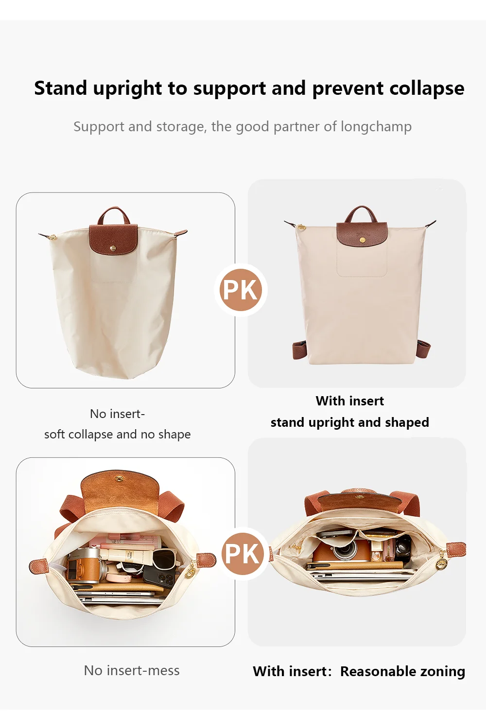 Bag Organizer Insert For Longchamp Backpack Waterproof Bag Insert Storage Lightweight Bag Support Dupont Paper Bag Accessories