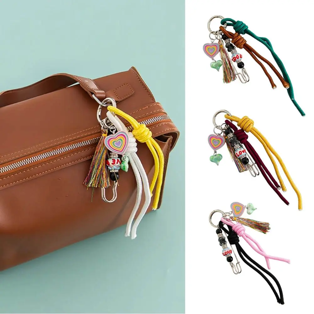 2024 New Woven Rope Keychain Bag Decoration Hanging Keychain Korean Style Acrylic Bead Heart Tassel Phone Case Bag Charms Y2k