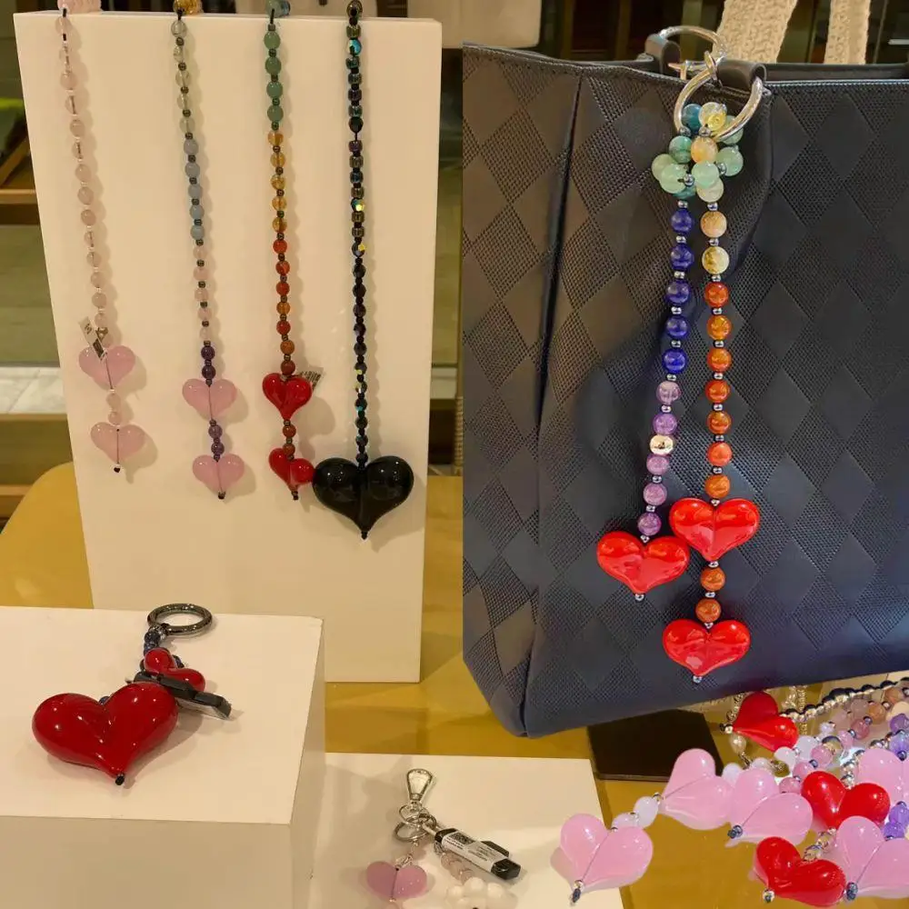 Red Love Y2k Keychain Beads Keychain Korean Bag Charms For Handbags Bag Pendant Handmade Beaded Keyring Vintage Bag Jewelry 2025