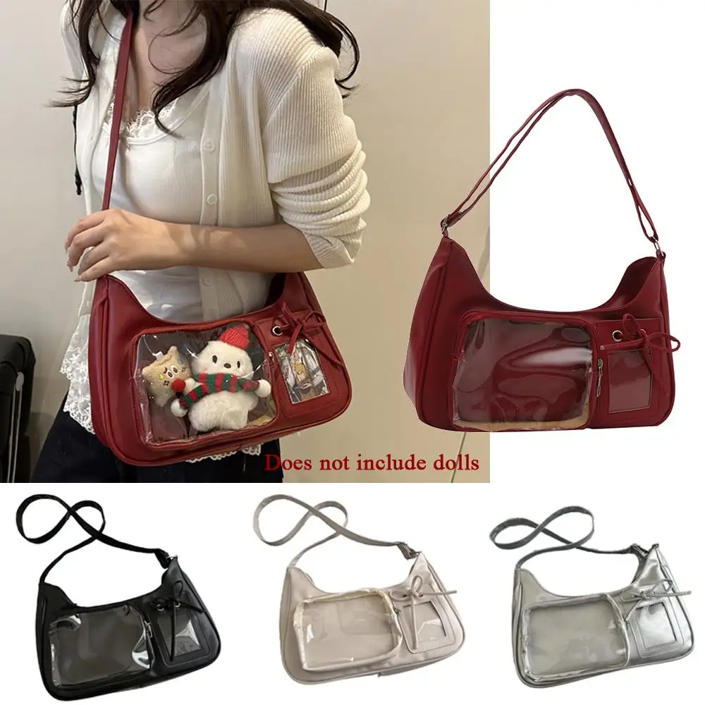 Y2K Cute Bow Ita Bag Girl Transparent Messenger Bag Women Fashion Shoulder Crossbody Bag Ladys DIY Badge Tote Bag Lolita Handbag