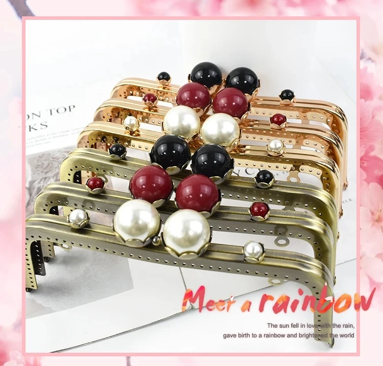 1/2/3Pcs 20cm Metal Bag Handle Retro Pearl Kiss Clasp Lock Buckle Purse Frame DIY Sewing Handbag Brackets Hardware Accessories