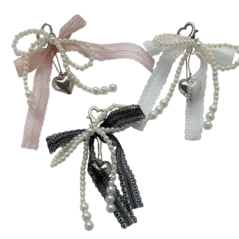 Girl Sweet Lace Pearl Bow Bag Charm Korean Ins Heart Pendant Keychain Bluetooth Headphone Decorative Chain