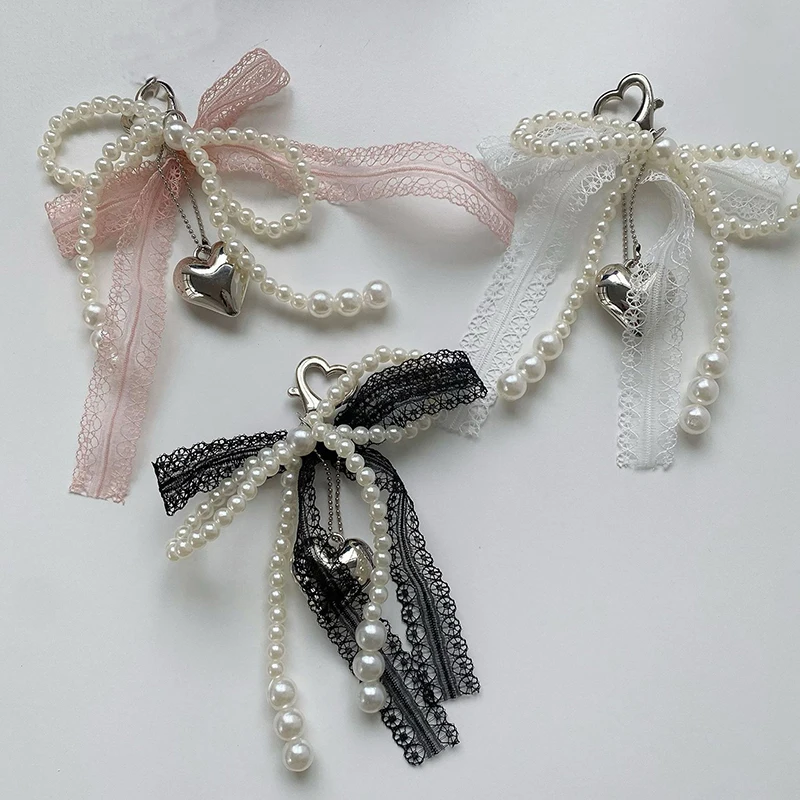 Girl Sweet Lace Pearl Bow Bag Charm Korean Ins Heart Pendant Keychain Bluetooth Headphone Decorative Chain
