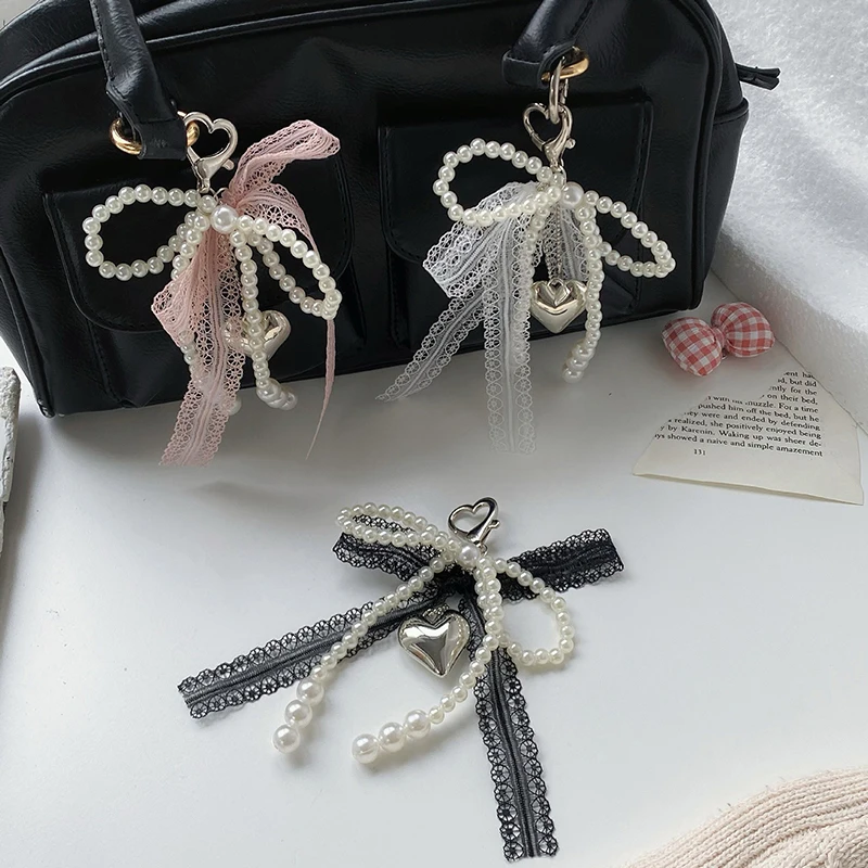 Girl Sweet Lace Pearl Bow Bag Charm Korean Ins Heart Pendant Keychain Bluetooth Headphone Decorative Chain
