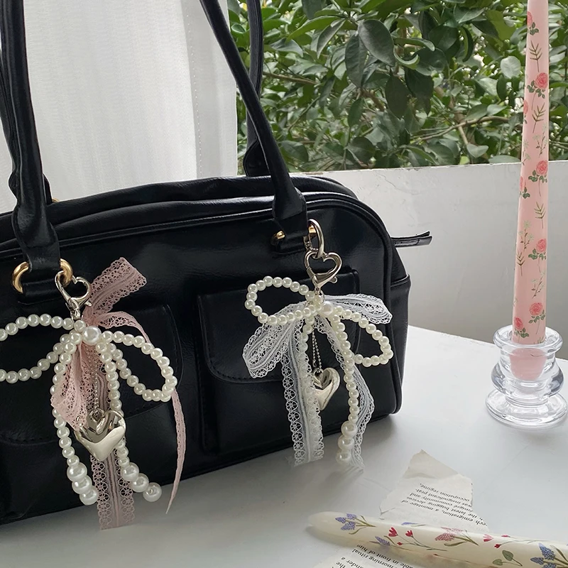 Girl Sweet Lace Pearl Bow Bag Charm Korean Ins Heart Pendant Keychain Bluetooth Headphone Decorative Chain