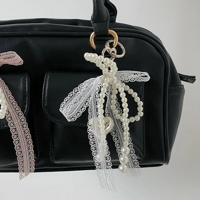 Girl Sweet Lace Pearl Bow Bag Charm Korean Ins Heart Pendant Keychain Bluetooth Headphone Decorative Chain