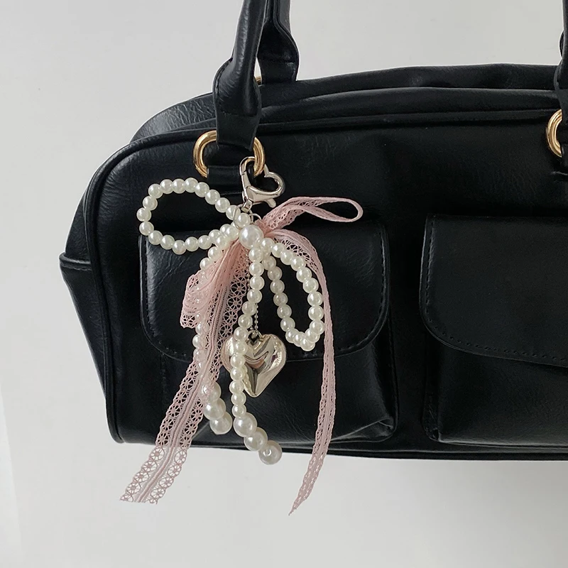 Girl Sweet Lace Pearl Bow Bag Charm Korean Ins Heart Pendant Keychain Bluetooth Headphone Decorative Chain