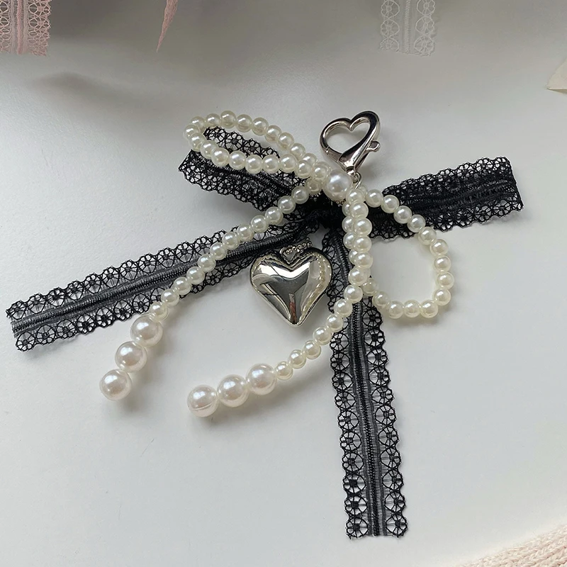 Girl Sweet Lace Pearl Bow Bag Charm Korean Ins Heart Pendant Keychain Bluetooth Headphone Decorative Chain