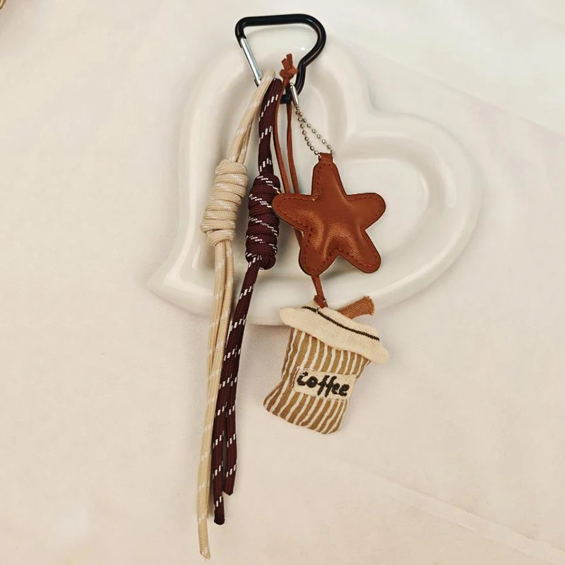 Kawaii Cartoon Linen Embroidery Coffee Bread Keychain Leather Heart Pendant Bag Charm Car Keychain Couples Bag Pendant Accessori