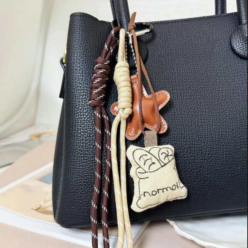 Kawaii Cartoon Linen Embroidery Coffee Bread Keychain Leather Heart Pendant Bag Charm Car Keychain Couples Bag Pendant Accessori