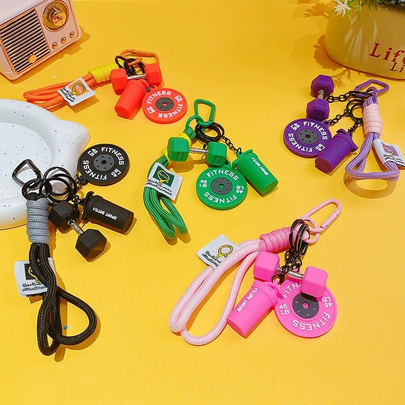 Fitness Series Detachable Barbell Plates Keychain with Simulation Dumbbells And Water Cup Keyring Creative Detachable Pendant