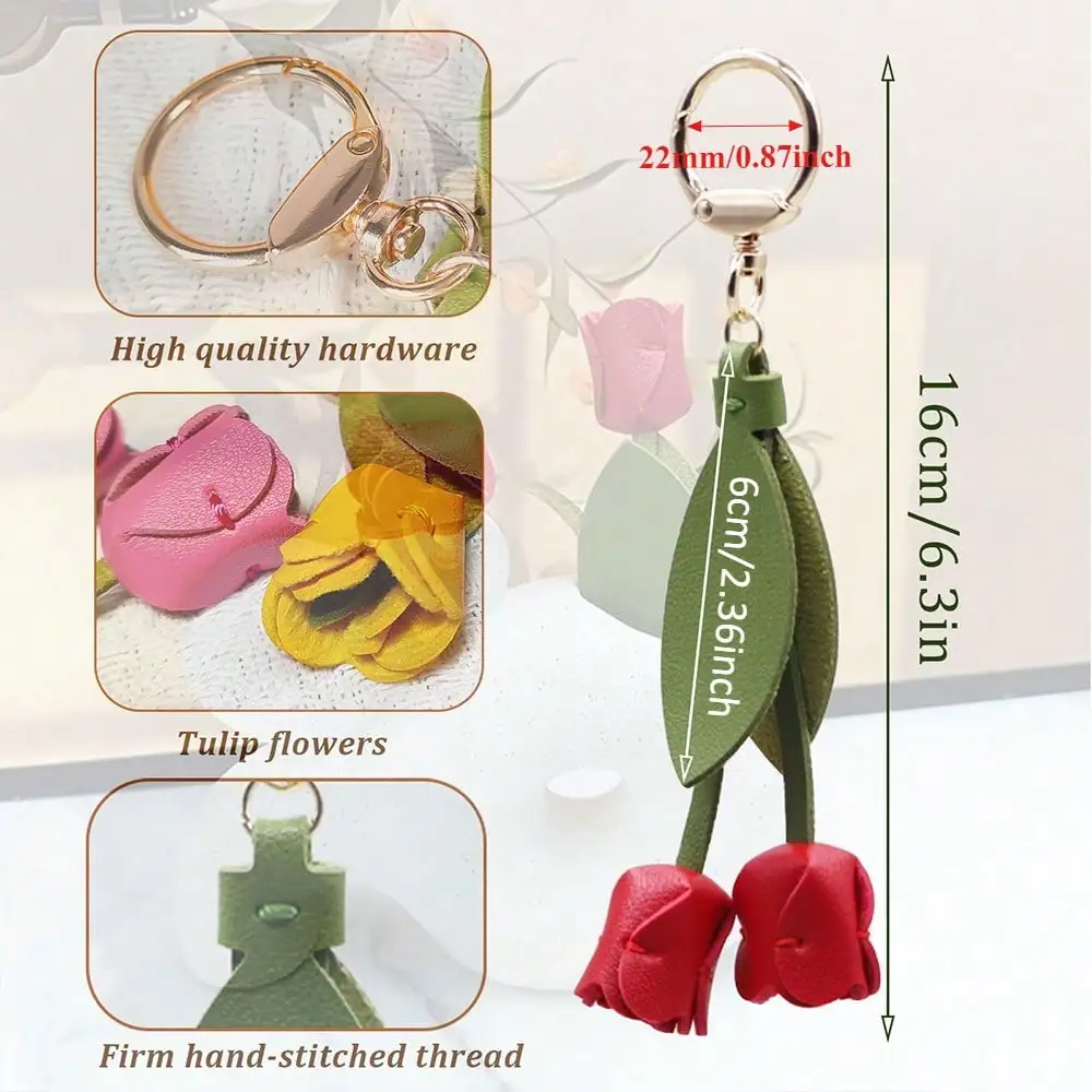 Fashion Tulip Bag Decoration PU Leather Leaf Flower Key Chain, Fashion Cute Charm Creative Bag Pendant For Family/Friends Gift