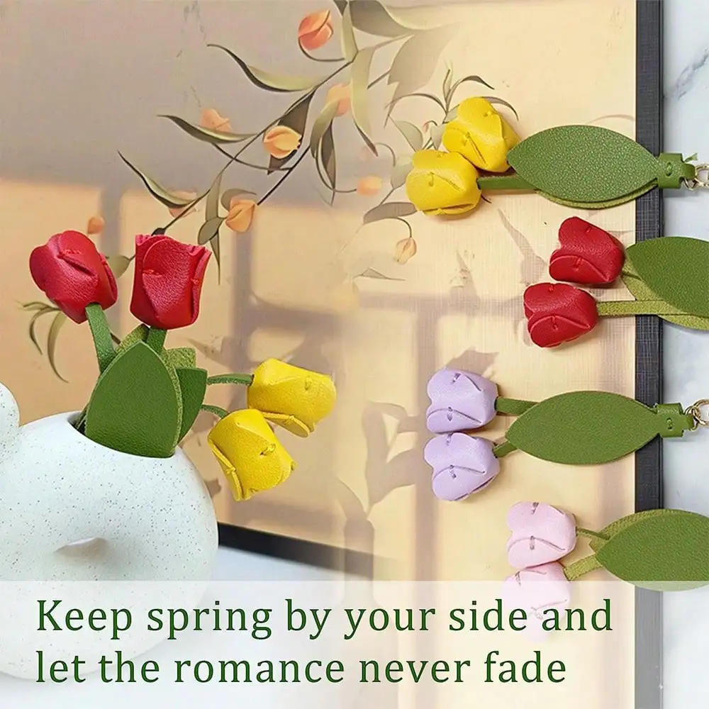 Fashion Tulip Bag Decoration PU Leather Leaf Flower Key Chain, Fashion Cute Charm Creative Bag Pendant For Family/Friends Gift