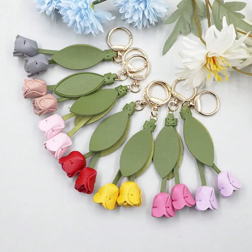 Fashion Tulip Bag Decoration PU Leather Leaf Flower Key Chain, Fashion Cute Charm Creative Bag Pendant For Family/Friends Gift