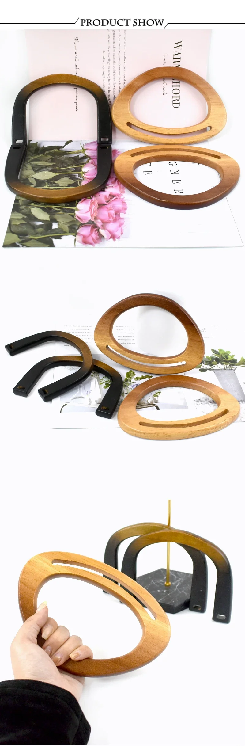 Deepeel 2/4Pcs 12-18cm Natural Wooden Handbag Handle D-ring Frame Handles for Purse Woven Bag DIY Luggage Crafts Accessories