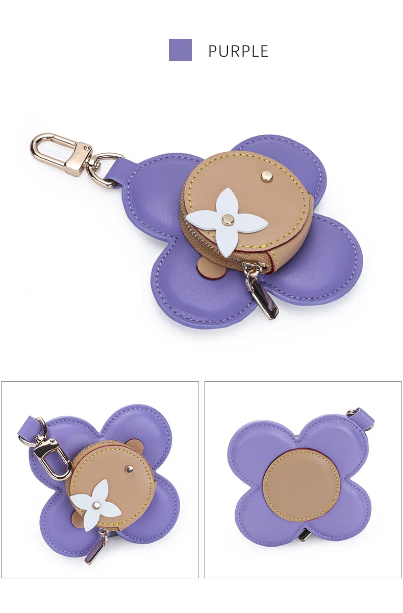 Flower Leather Coin Purse | Genuine Leather Bag Charm Keychain | Handmade Zippered Pouch with Grommet Eyes for Women Gift