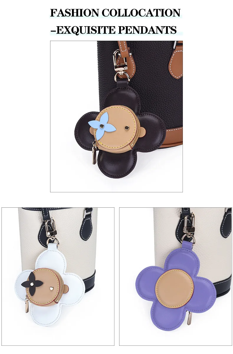 Flower Leather Coin Purse | Genuine Leather Bag Charm Keychain | Handmade Zippered Pouch with Grommet Eyes for Women Gift