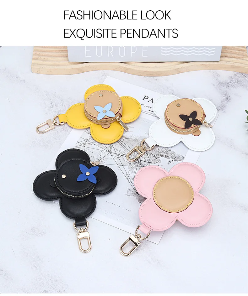 Flower Leather Coin Purse | Genuine Leather Bag Charm Keychain | Handmade Zippered Pouch with Grommet Eyes for Women Gift