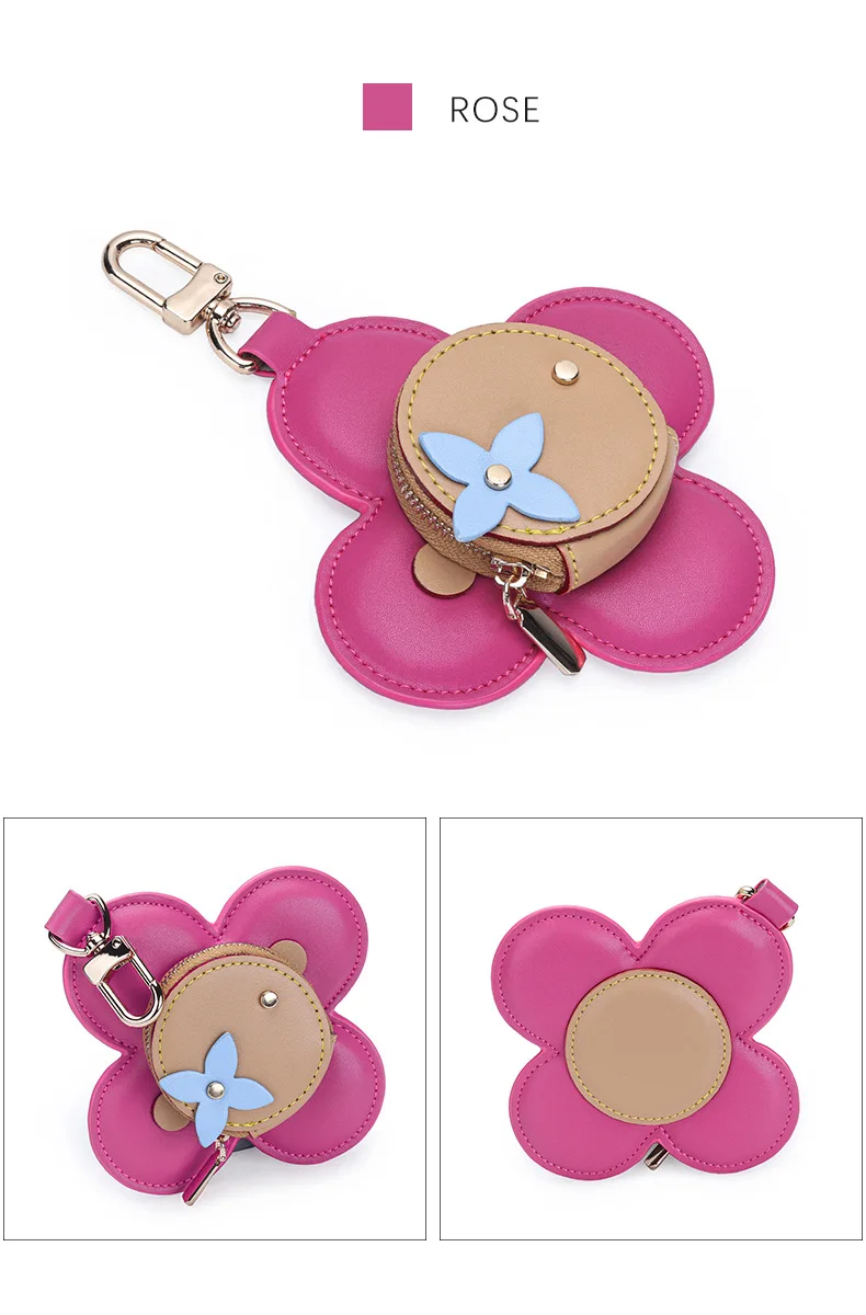 Flower Leather Coin Purse | Genuine Leather Bag Charm Keychain | Handmade Zippered Pouch with Grommet Eyes for Women Gift