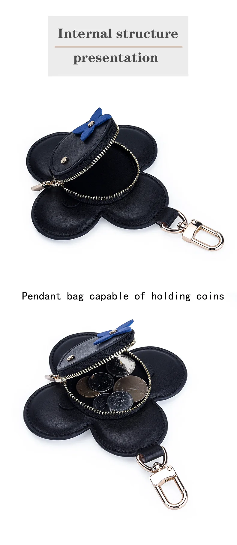 Flower Leather Coin Purse | Genuine Leather Bag Charm Keychain | Handmade Zippered Pouch with Grommet Eyes for Women Gift