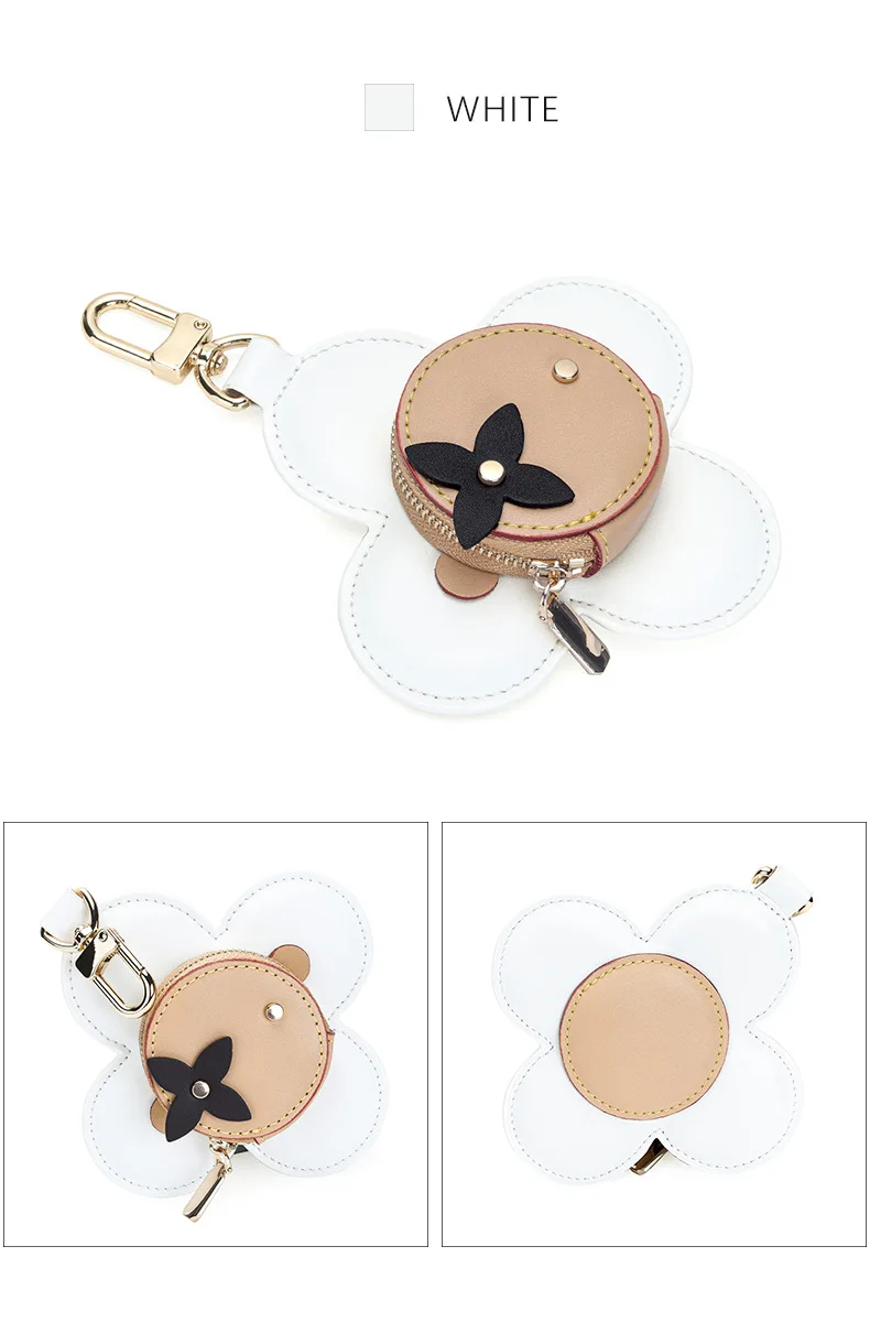 Flower Leather Coin Purse | Genuine Leather Bag Charm Keychain | Handmade Zippered Pouch with Grommet Eyes for Women Gift