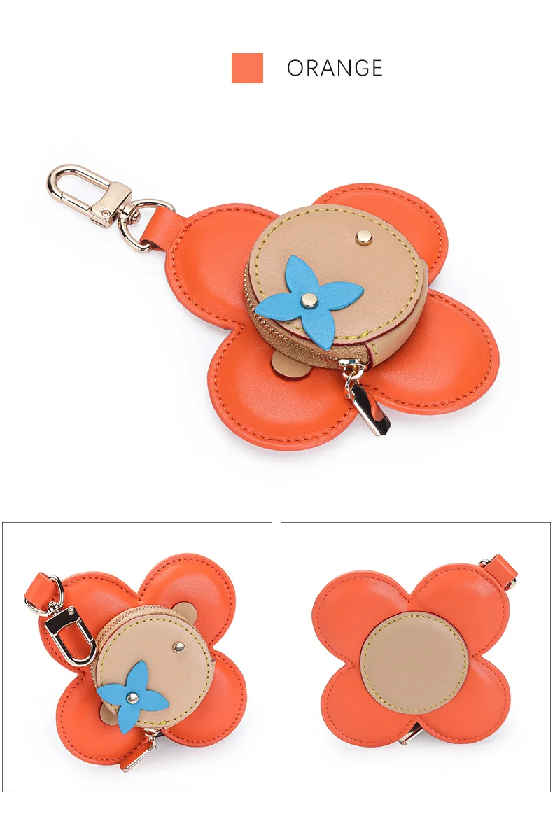 Flower Leather Coin Purse | Genuine Leather Bag Charm Keychain | Handmade Zippered Pouch with Grommet Eyes for Women Gift