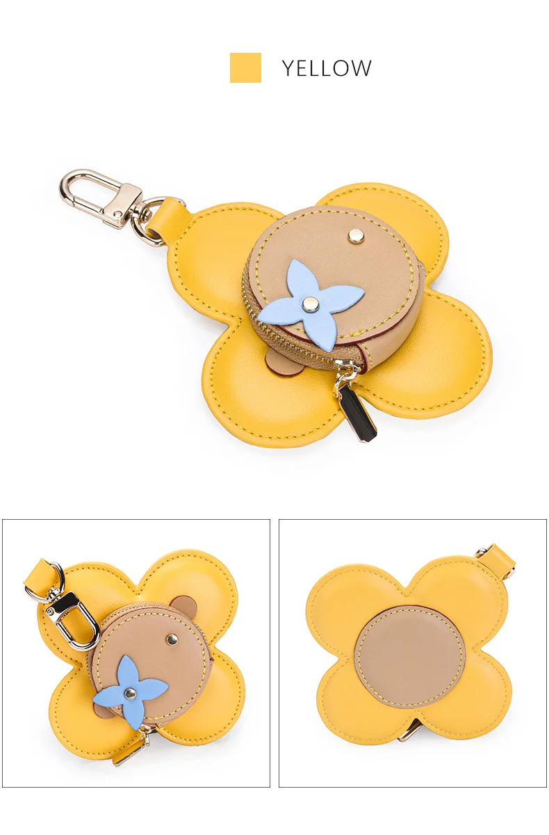 Flower Leather Coin Purse | Genuine Leather Bag Charm Keychain | Handmade Zippered Pouch with Grommet Eyes for Women Gift
