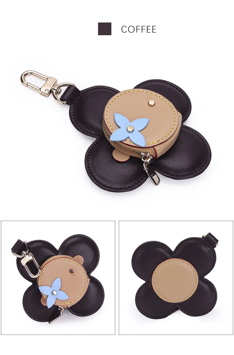 Flower Leather Coin Purse | Genuine Leather Bag Charm Keychain | Handmade Zippered Pouch with Grommet Eyes for Women Gift