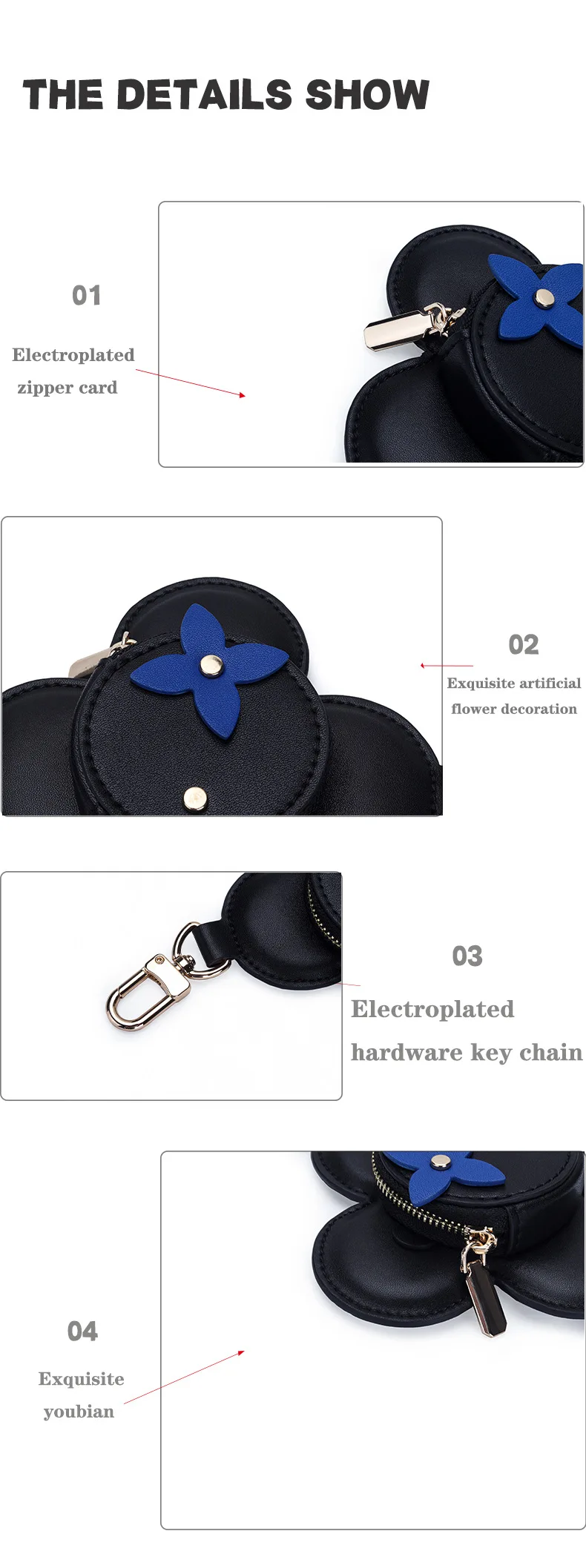 Flower Leather Coin Purse | Genuine Leather Bag Charm Keychain | Handmade Zippered Pouch with Grommet Eyes for Women Gift