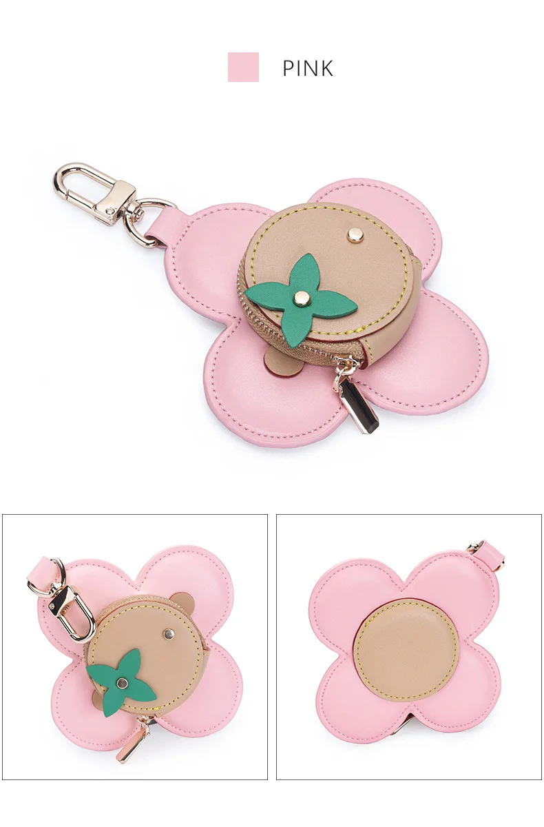 Flower Leather Coin Purse | Genuine Leather Bag Charm Keychain | Handmade Zippered Pouch with Grommet Eyes for Women Gift