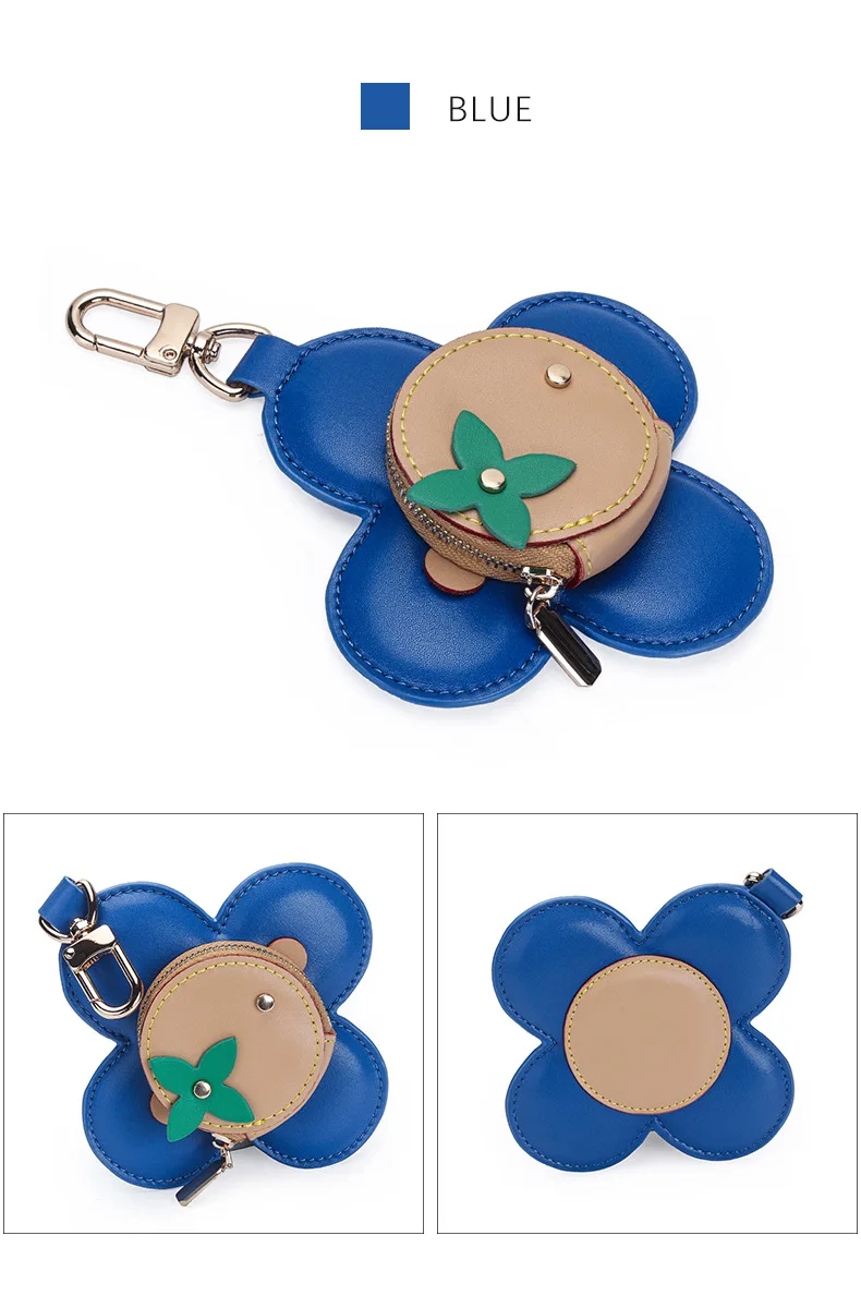 Flower Leather Coin Purse | Genuine Leather Bag Charm Keychain | Handmade Zippered Pouch with Grommet Eyes for Women Gift