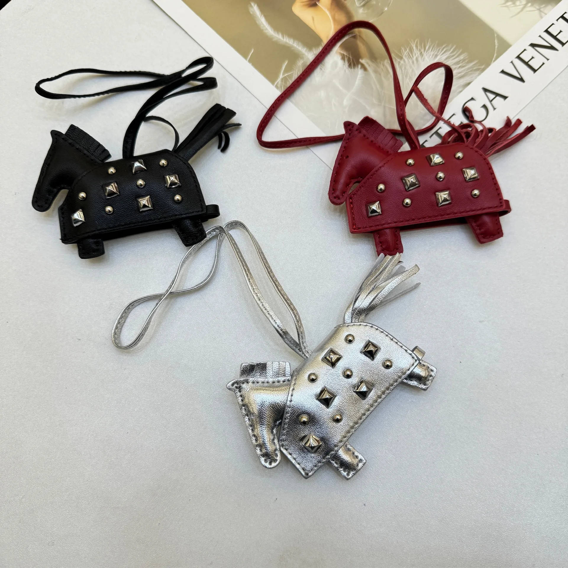 Soft Leather Pony Pendant, Car Pendant, Key Pendant, Handmade Leather New Rivets War Horse Bag Charm, Bag Charm Leather