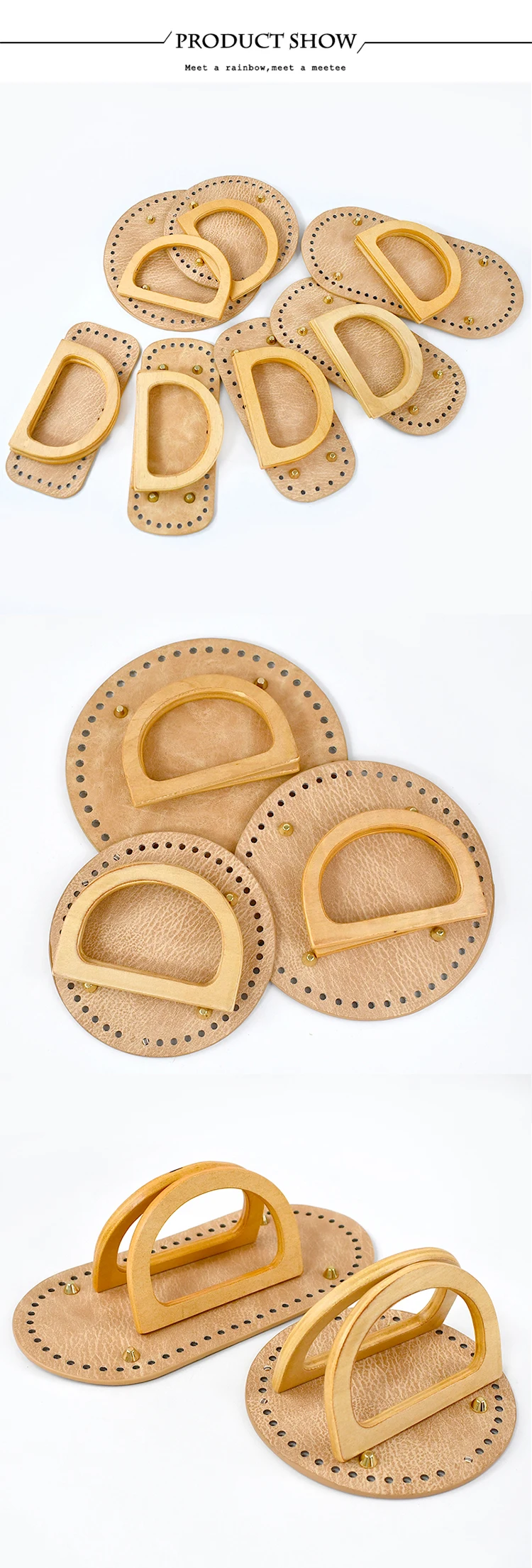 1Set Deepeel New Wooden Handles with Leather Bag Bottom Handmade Material Woven-bag Handbags Knit Bags DIY Sewing Accessories