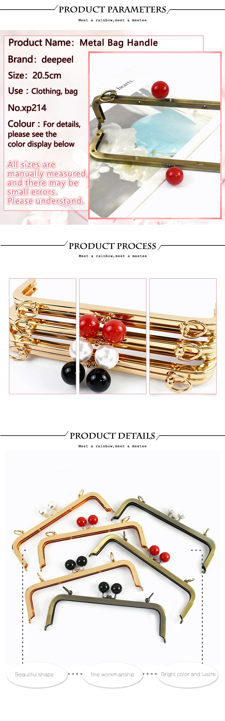 1/2Pcs Deepeel Purse Frame Kiss Clasp 20.5cm Metal Pearl Head Handles for Handbag DIY Sewing Brackets Screw Wallet Accessories