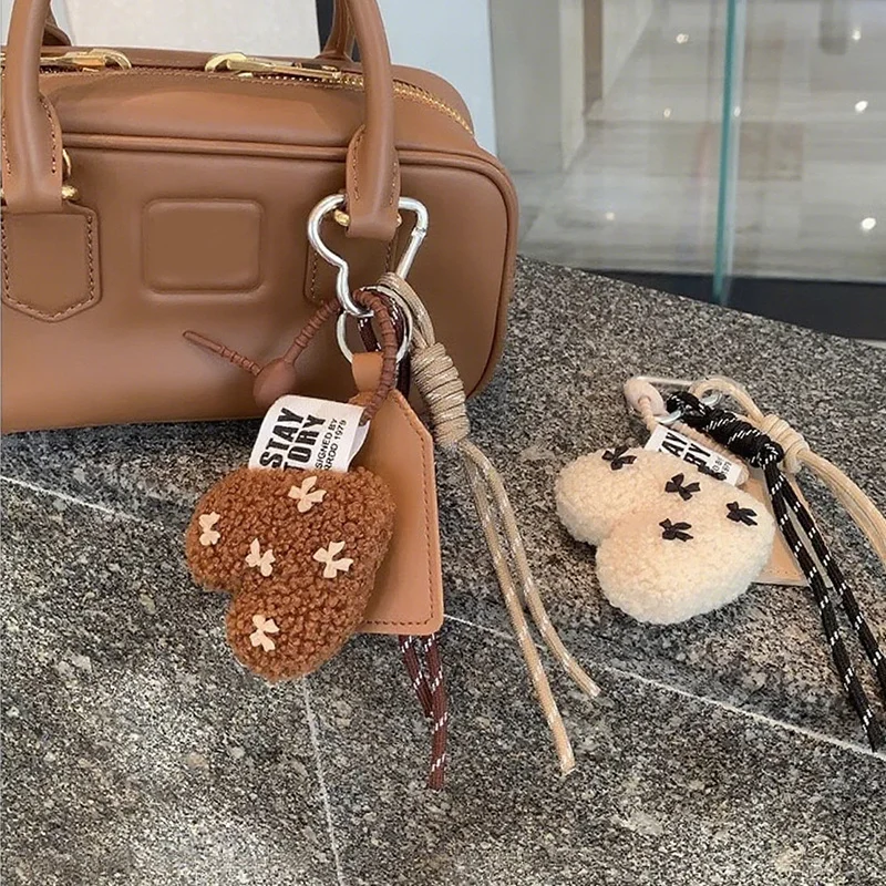 Fashion Love Plush Keychain Heart Shaped Lamb Wool Braided Rope Chain Retro Plush Handmade Pendant Key Jewelry Accessoriy