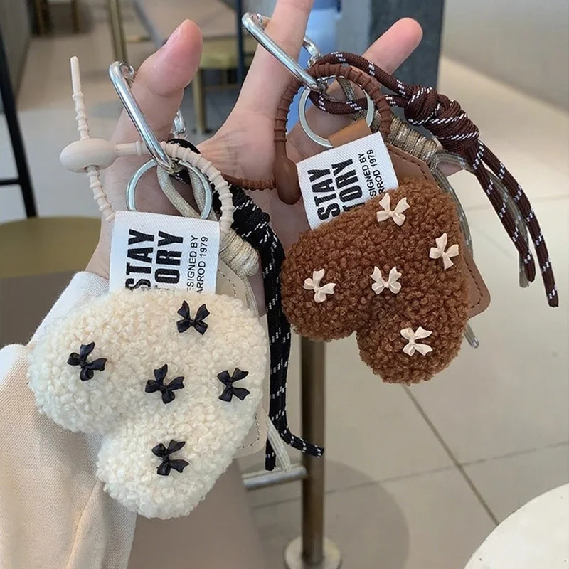Fashion Love Plush Keychain Heart Shaped Lamb Wool Braided Rope Chain Retro Plush Handmade Pendant Key Jewelry Accessoriy