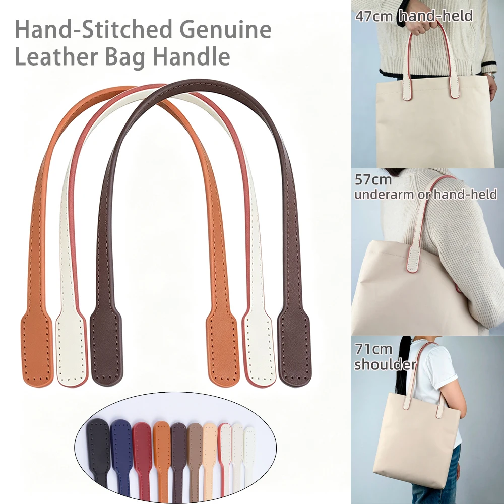 New 1 Pair Hand Sewn Stitched Genuine Leather Bag Straps Handles Replacements Cowhide Hand-Stitched Handmade Underarm Strap